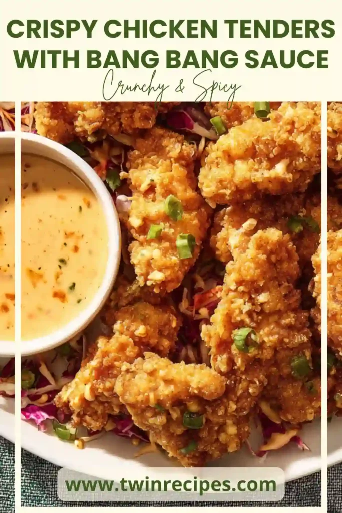 Golden fried chicken strips with spicy Bang Bang dipping sauce.