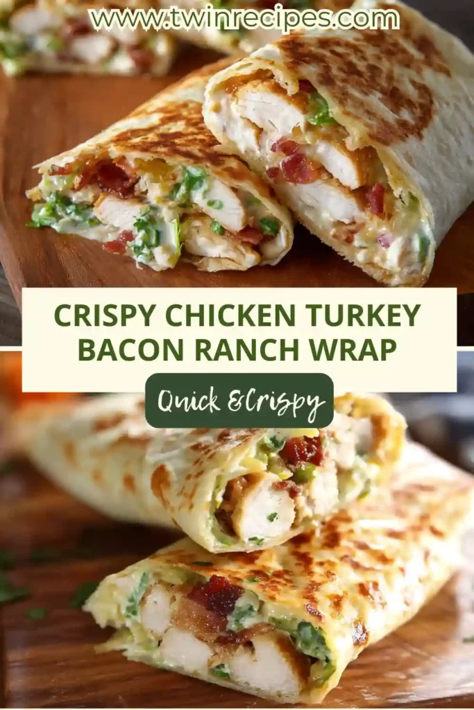 “Close-up of a crispy tortilla wrap bursting with chicken, turkey bacon, spinach and melted cheese—ideal wrap recipes for lunch or dinner.”