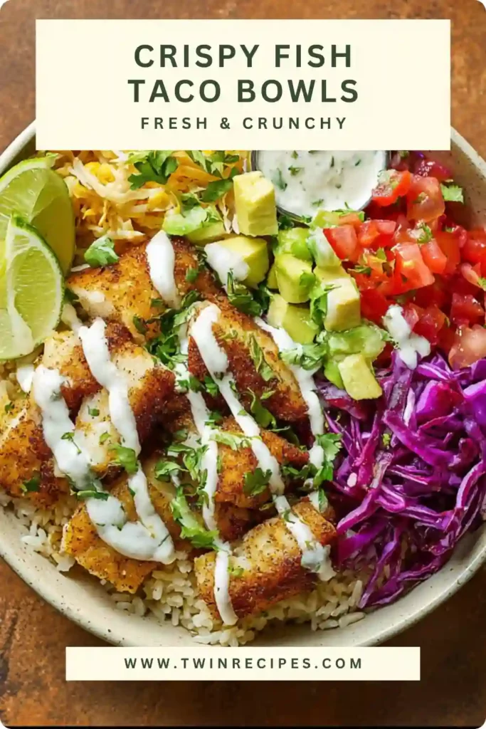 Crispy fish taco bowl with rice and cabbage