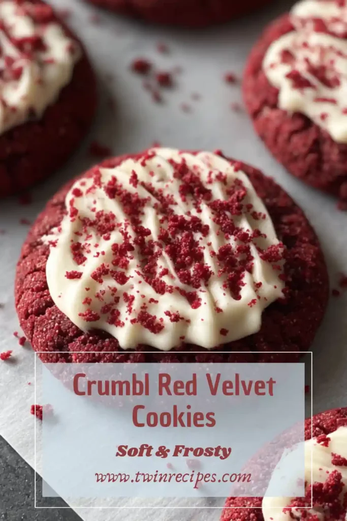 Large red velvet cookie topped with a swirl of cream cheese frosting and red velvet crumbs.