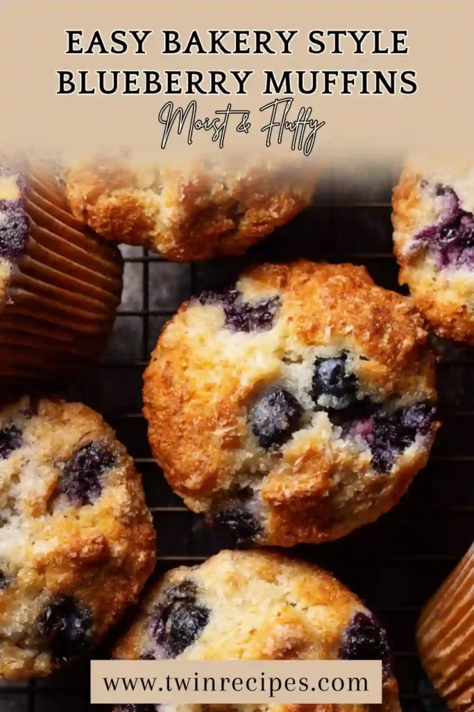 Tall fluffy blueberry muffins with sugar tops