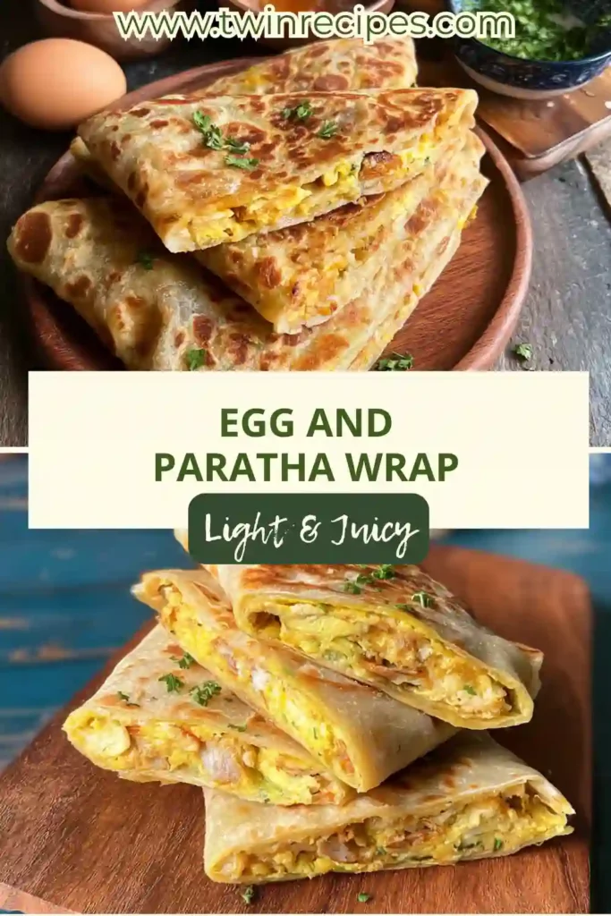 Paratha flatbread on a pan with egg mixture cooking and toppings ready to wrap.