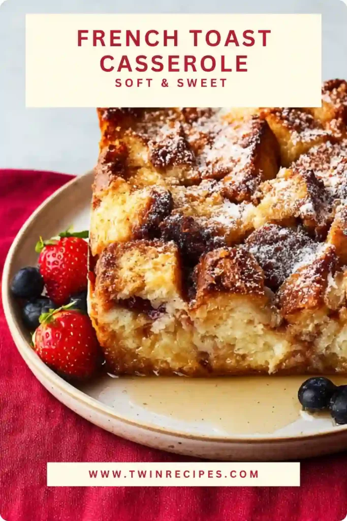 French toast casserole topped with berries and powdered sugar