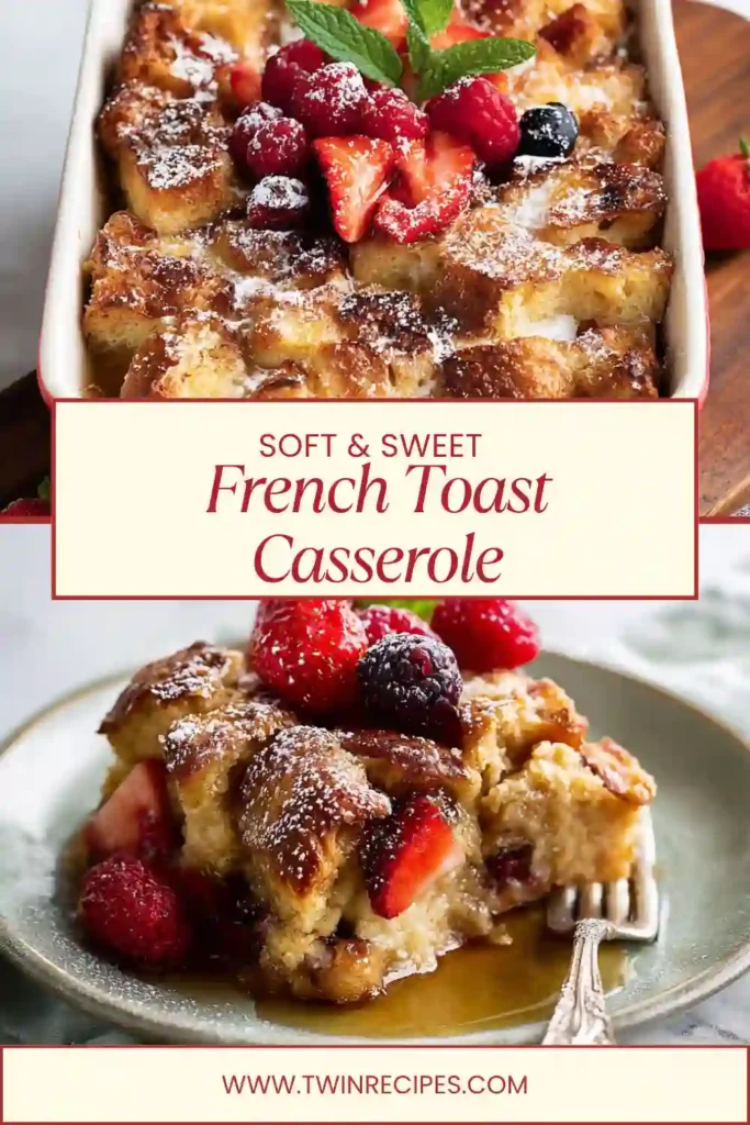 Golden baked French toast casserole with maple syrup drizzle
