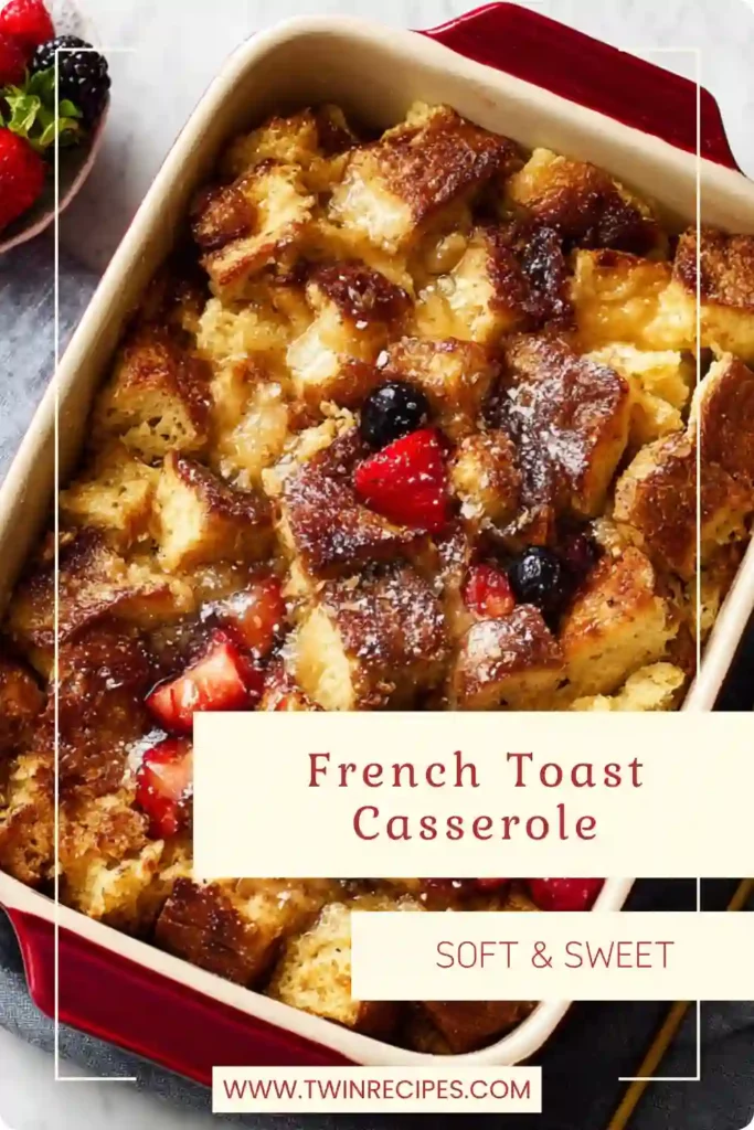 Slice of French toast casserole on plate with whipped cream