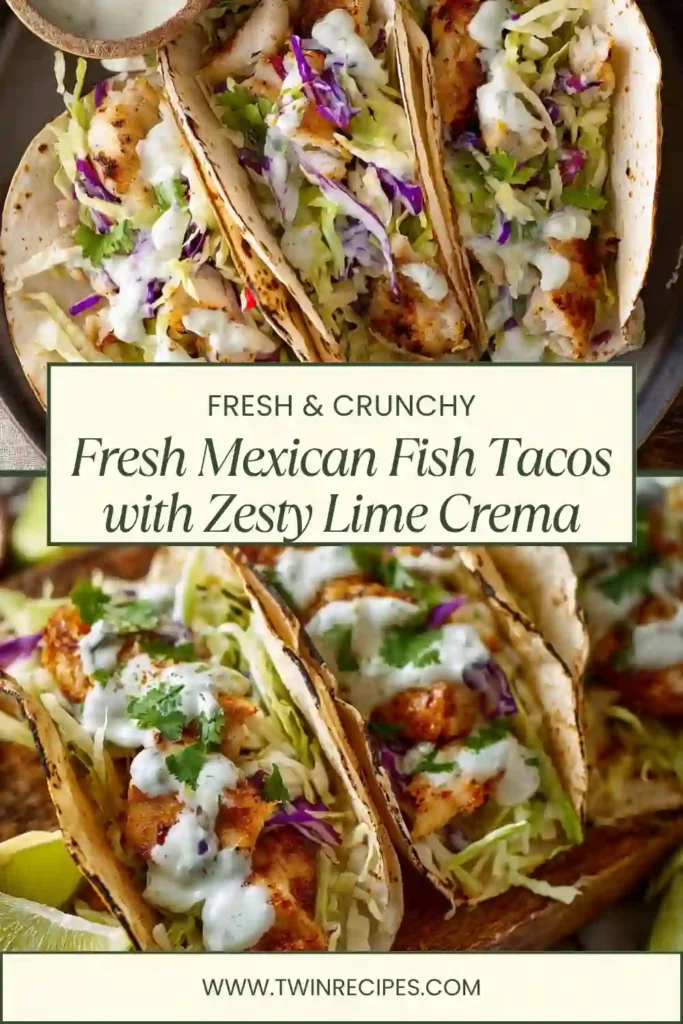 Mexican fish tacos topped with lime crema