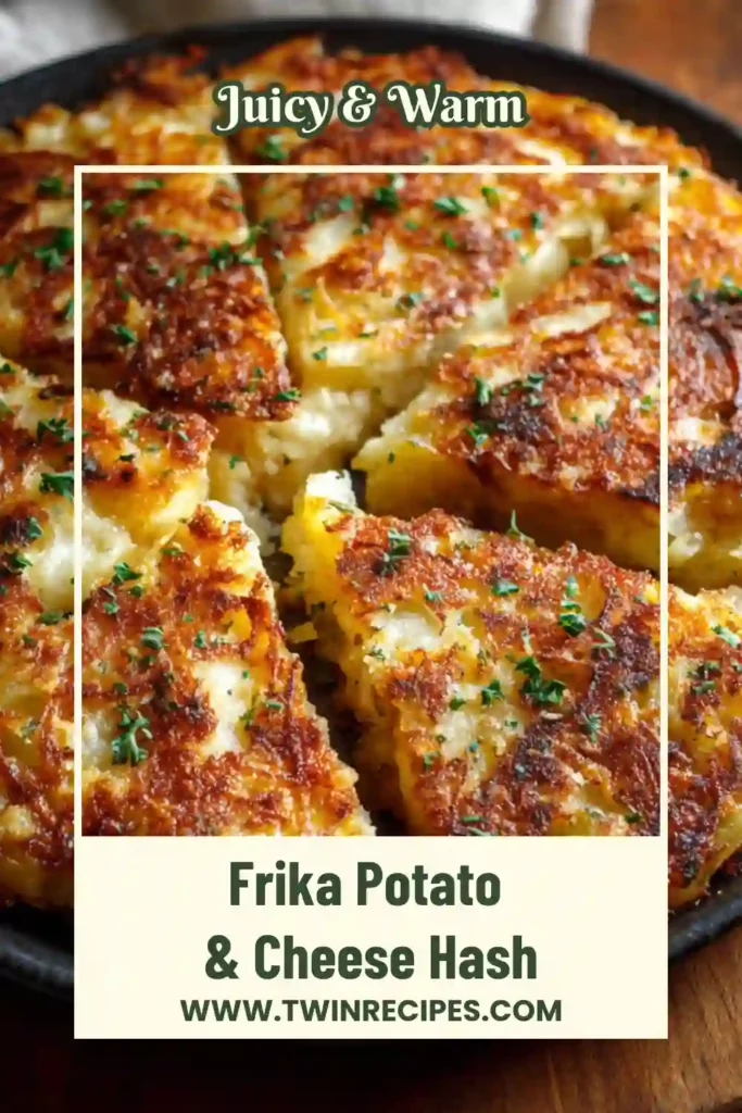 Plate of Frika hash slices cut like a pizza wheel served with fresh parsley.