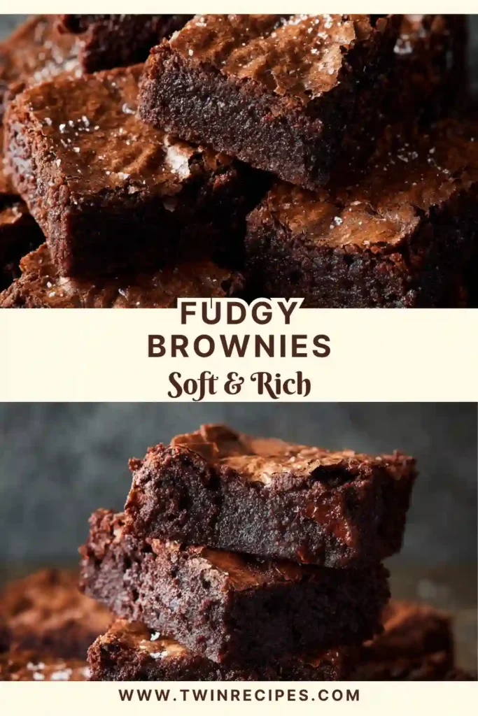 Stack of ultra-fudgy chocolate brownies with crackled tops and chocolate chips.