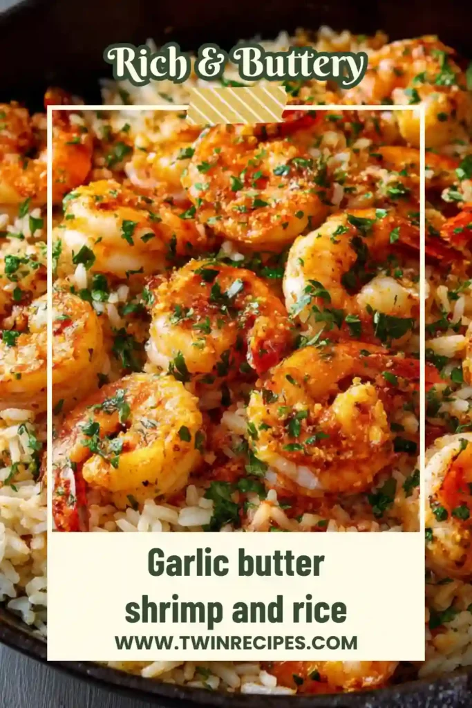Garlic butter shrimp rice in skillet with parsley garnish
