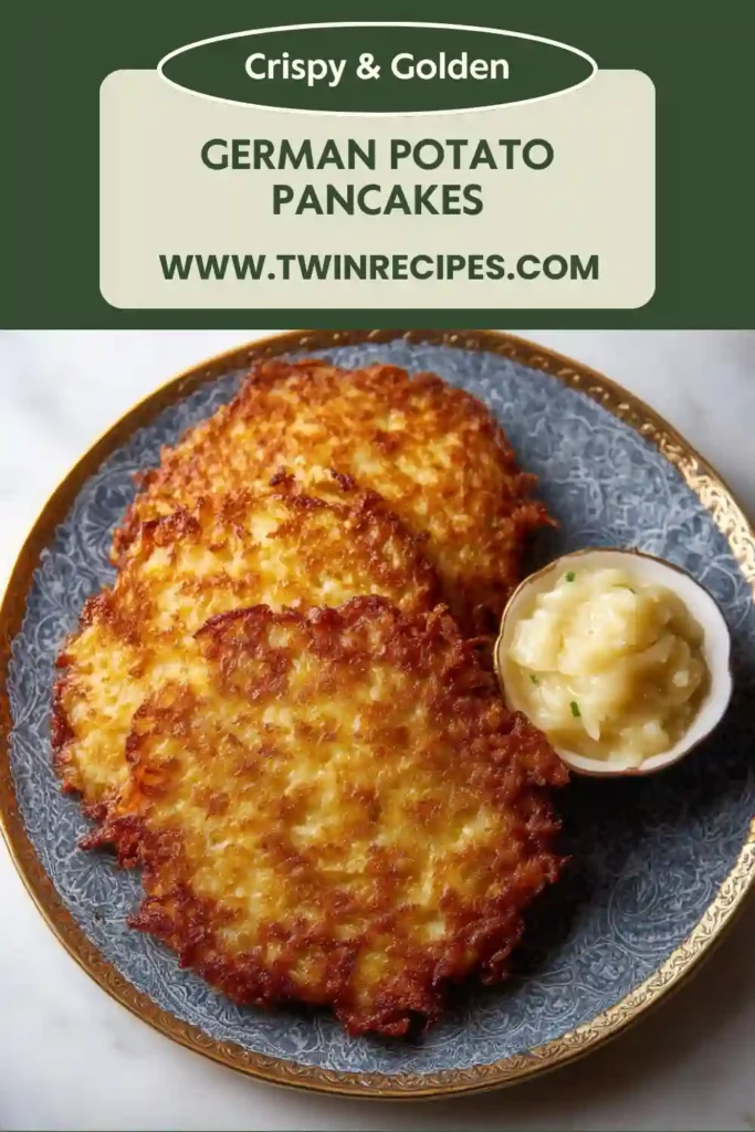 Plate of golden German potato pancakes stacked high, with a side of applesauce.