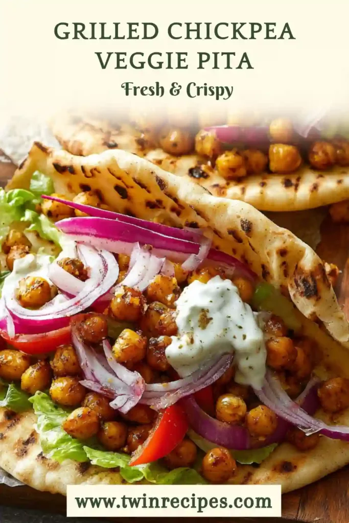 Grilled chickpea veggie pita filled with fresh vegetables