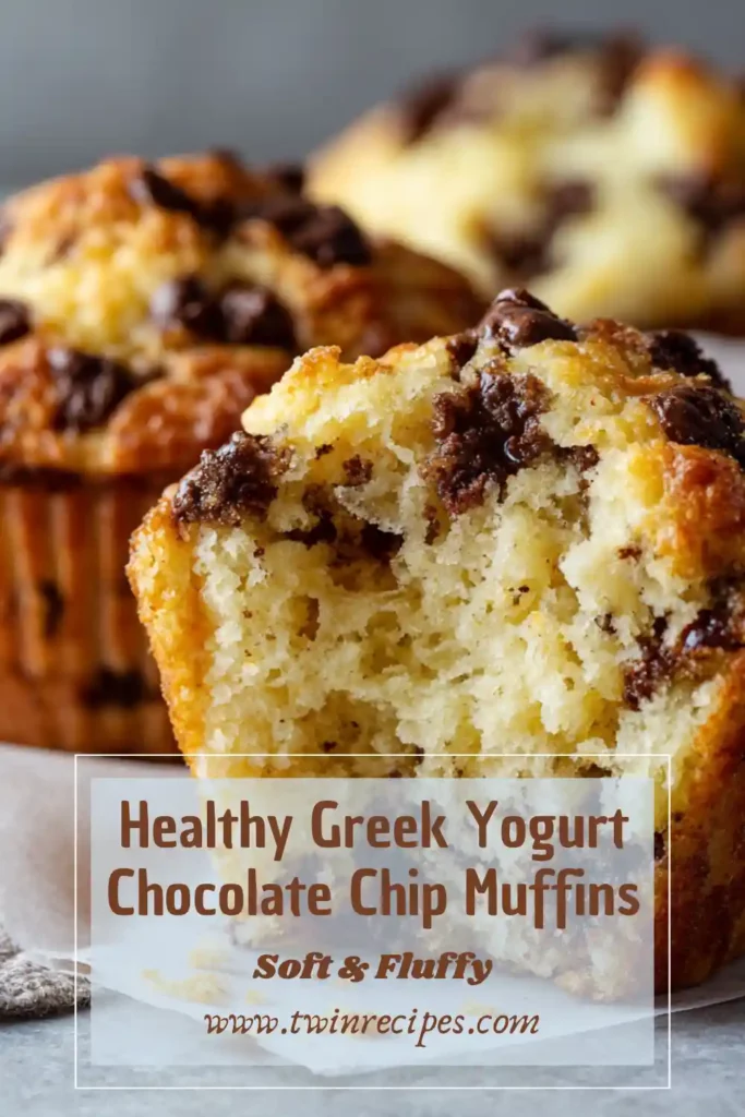 Greek yogurt chocolate chip muffins fresh from the oven, chocolate chips visible on top.