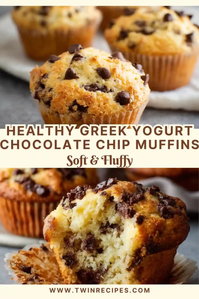 Close-up of a Greek yogurt chocolate chip muffin showing its moist crumb.