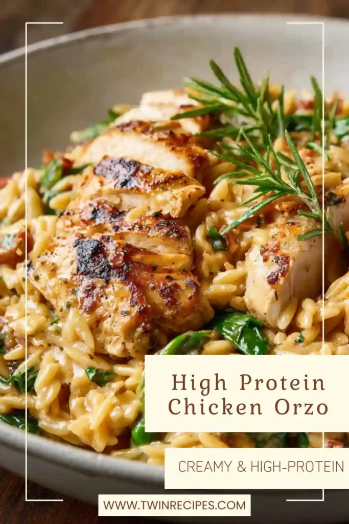 “One-pot chicken orzo featuring tender chicken pieces, orzo pasta and vegetables in a creamy sauce for a healthy chicken orzo meal.”