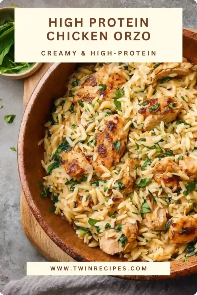 “Close-up of creamy chicken orzo topped with parmesan and parsley, ideal for anyone seeking healthy chicken orzo recipes.”