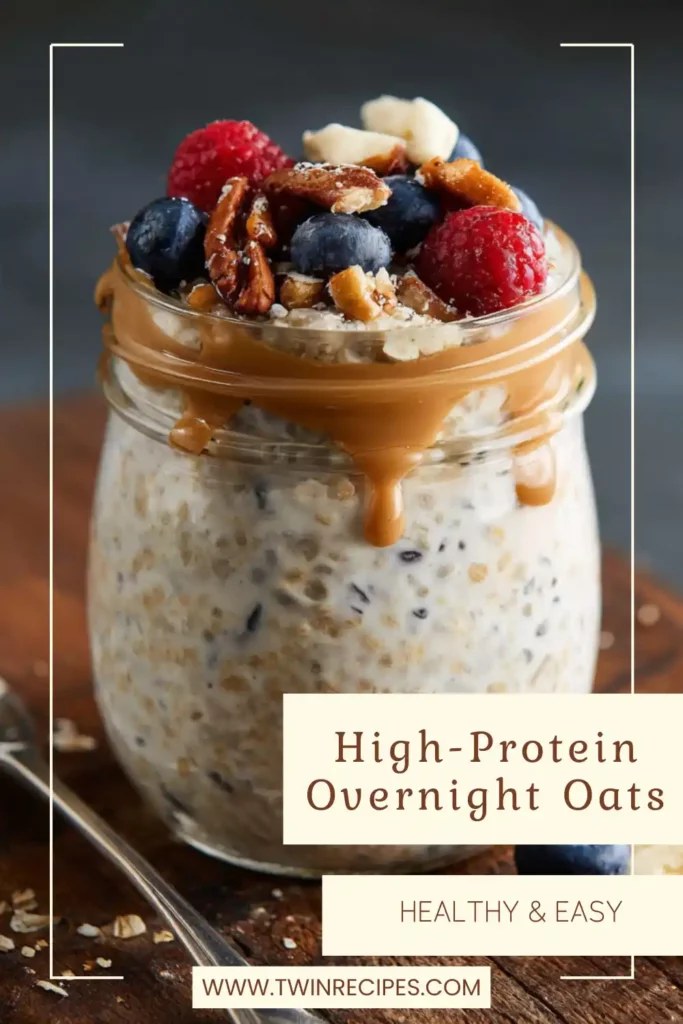 Mason jar of creamy overnight oats topped with fresh blueberries and a drizzle of peanut butter, labeled ~35 g protein.