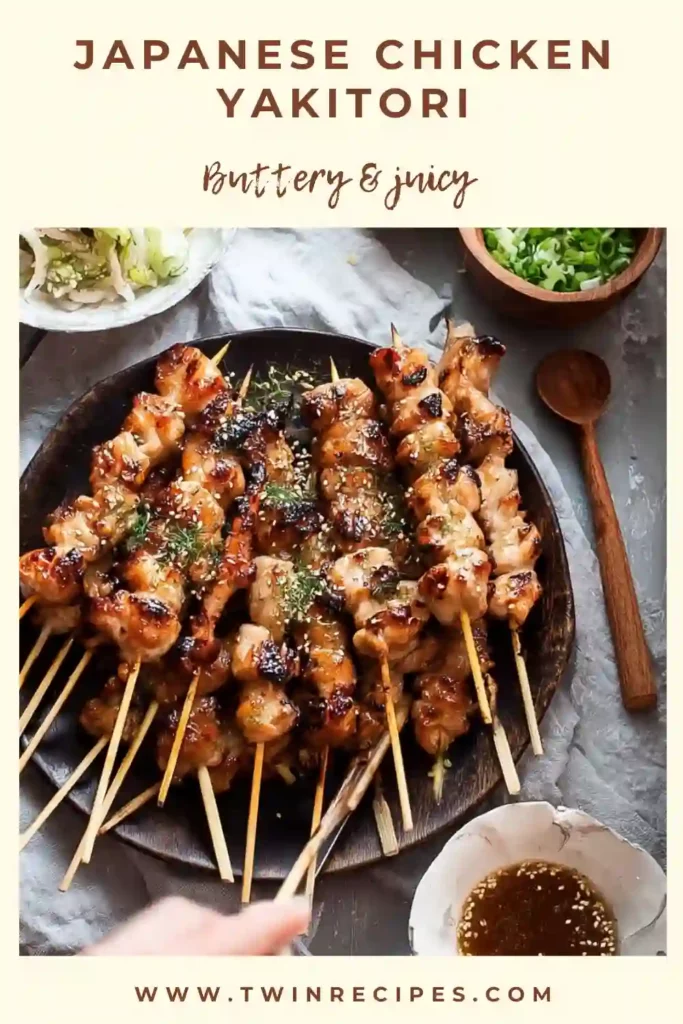Grilled chicken and scallion skewers glazed in soy-mirin sauce served on a wooden board.