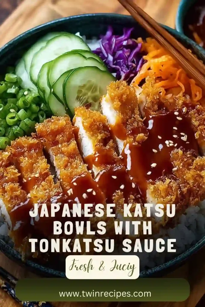 Rice bowl with crispy panko-coated cutlet slices drizzled with thick tonkatsu sauce and sesame seeds.