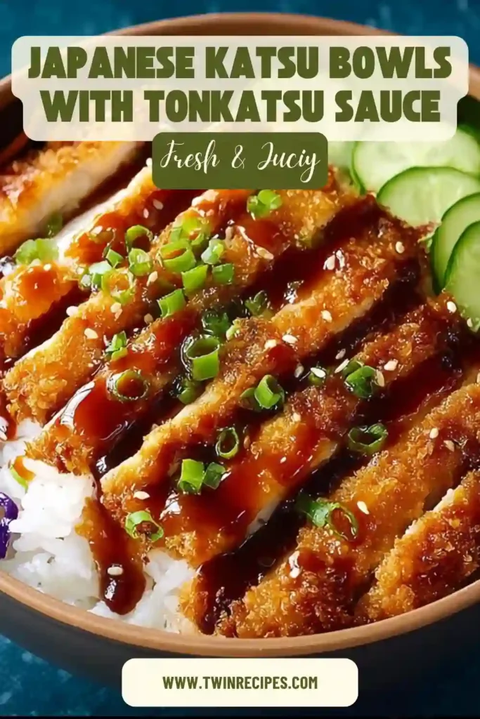 Japanese style katsu bowl featuring cutlet, rice and shredded cabbage with sauce drizzle.