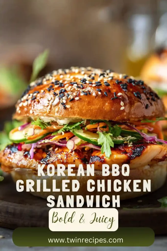 Korean BBQ grilled chicken sandwich with coleslaw and sesame seeds.