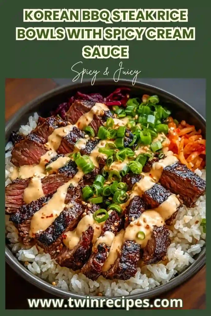 Rice bowl topped with Korean BBQ steak cubes, green onions and spicy cream sauce drizzle.