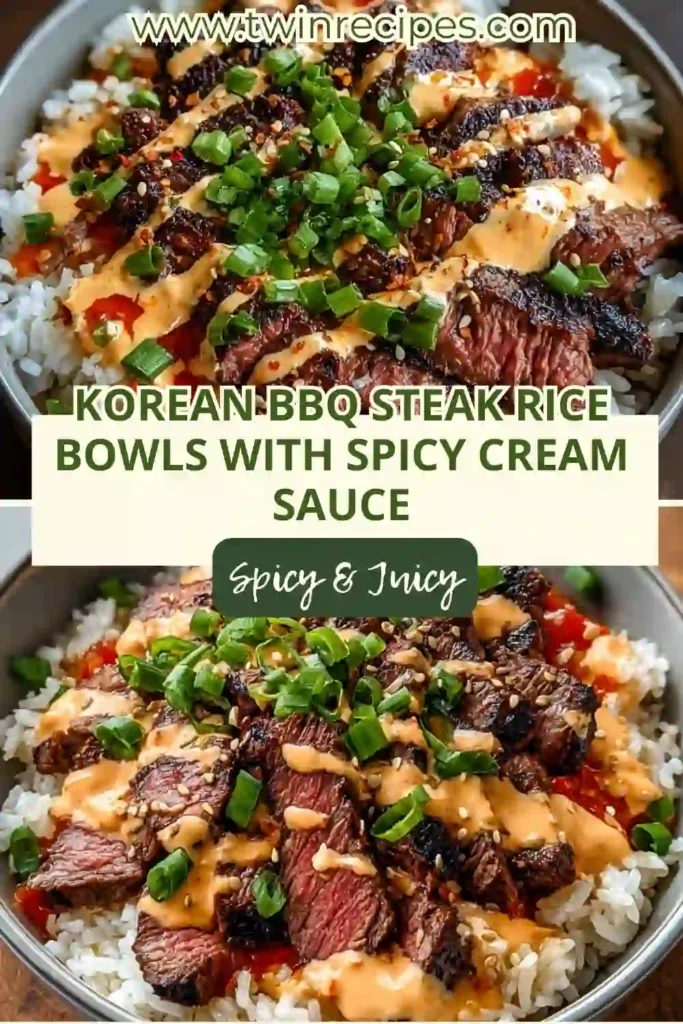 Four steak rice bowls with steak, sauce and steamed vegetables on a wooden table.