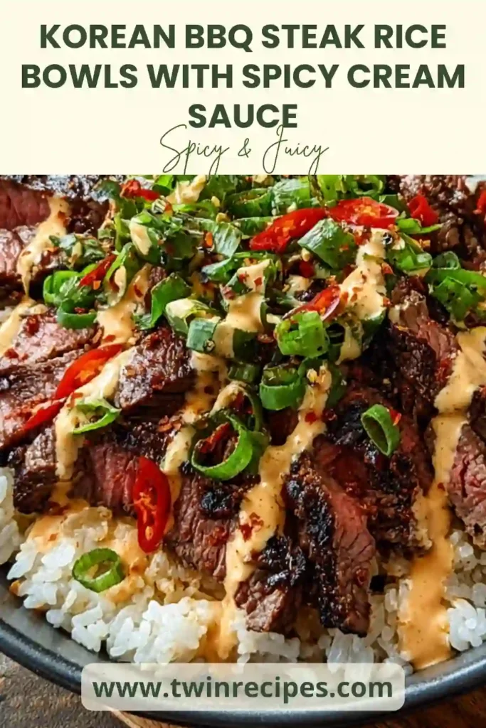 Beef rice bowl featuring Korean BBQ-style steak, rice and a creamy sauce seen from above.