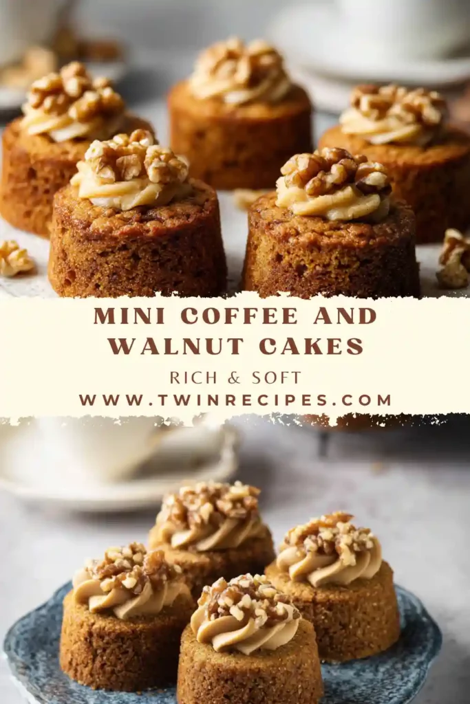 Close-up of a mini coffee and walnut cake showing the soft sponge and smooth frosting.