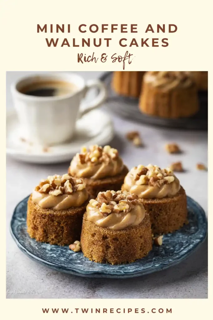 A group of mini coffee cakes arranged on a platter with walnut topping.