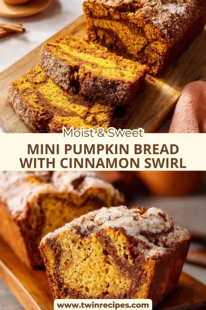 Close-up slice of mini pumpkin bread showing a cinnamon swirl and moist crumb.