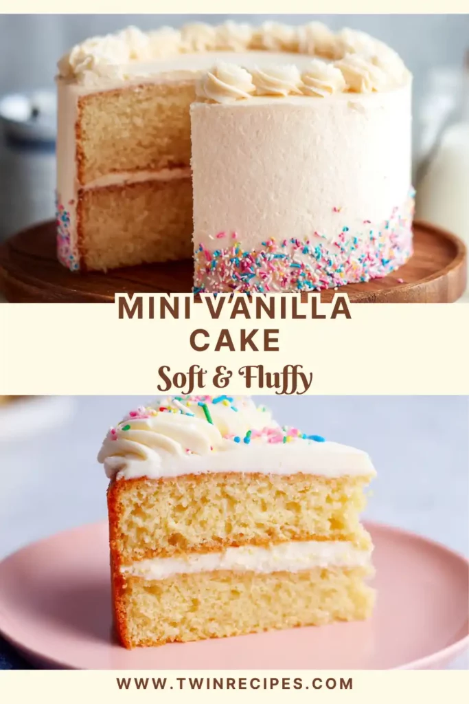 Close-up of a small vanilla cake showing its moist crumb and creamy frosting.