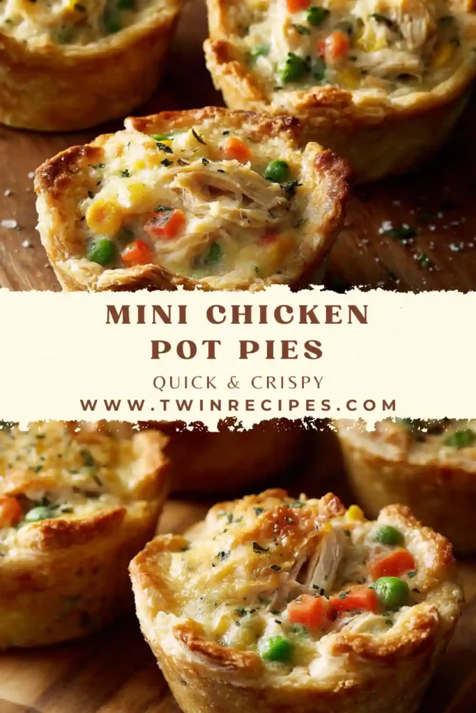Close-up of one mini chicken pot pie cut open, showing creamy filling of chicken and veggies.