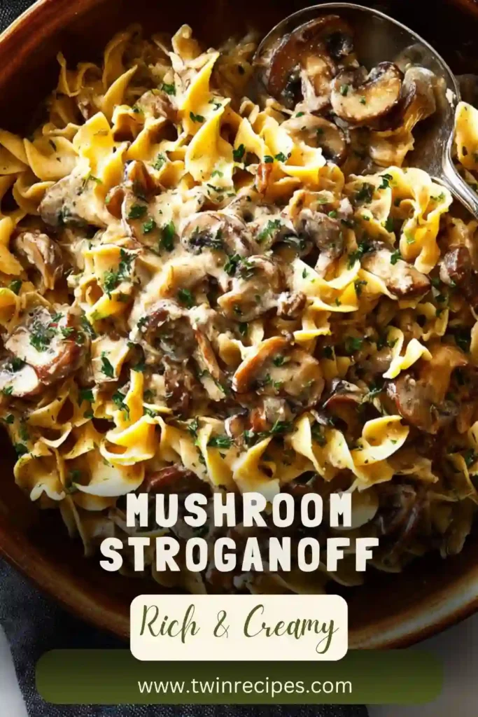 Creamy mushroom stroganoff served over noodles