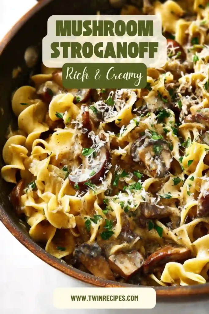 Mushroom stroganoff in skillet with parsley garnish