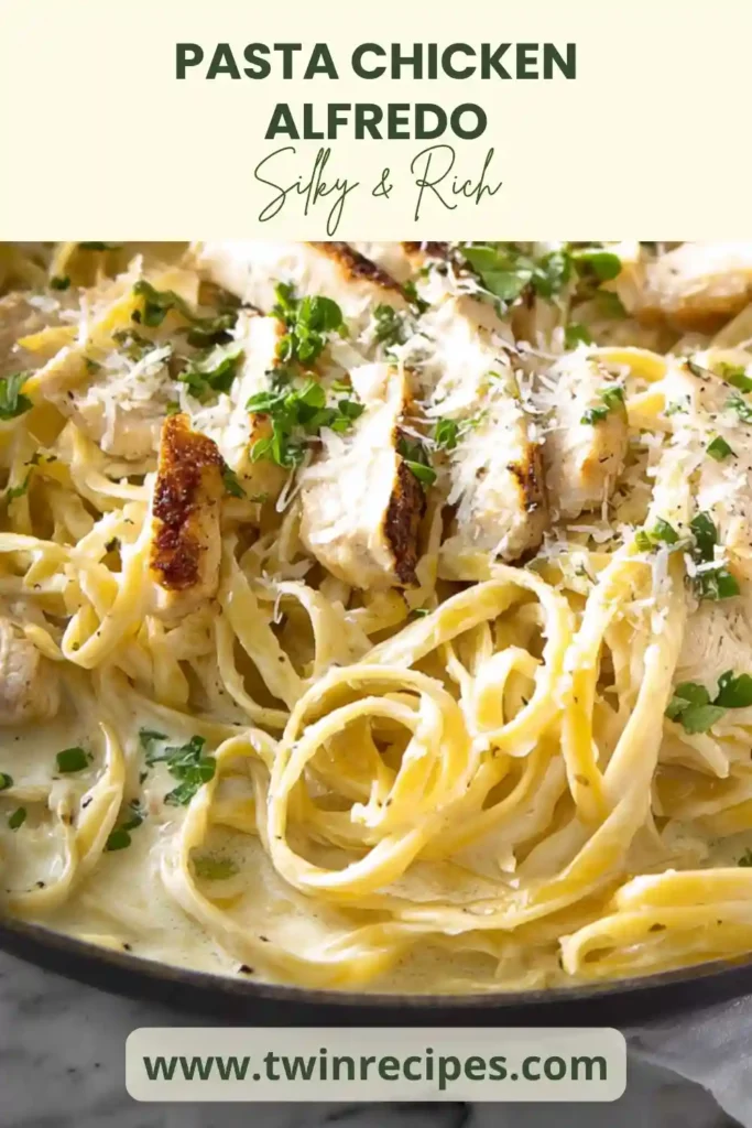 Creamy Pasta Chicken Alfredo served in a white bowl with tender chicken pieces and freshly grated Parmesan.