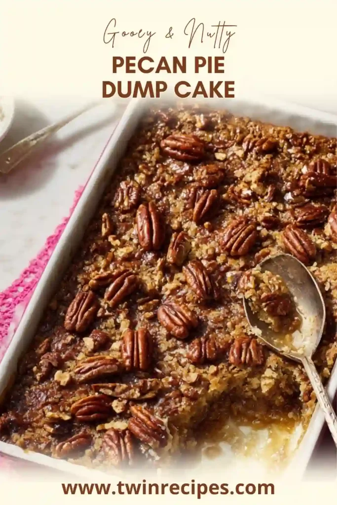 Freshly baked pecan pie dump cake cooling on a rack, pecans glistening.