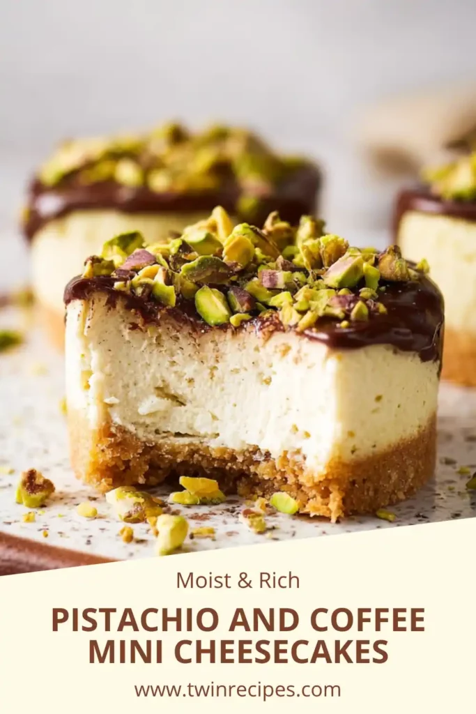 Individual pistachio and coffee mini cheesecakes in a muffin tin, topped with chopped pistachios and a coffee drizzle.