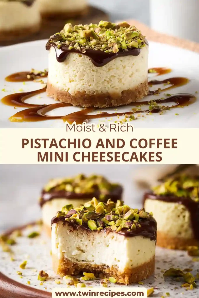 Close-up of one mini pistachio-coffee cheesecake showing creamy filling, pistachio crumbs and espresso swirl.