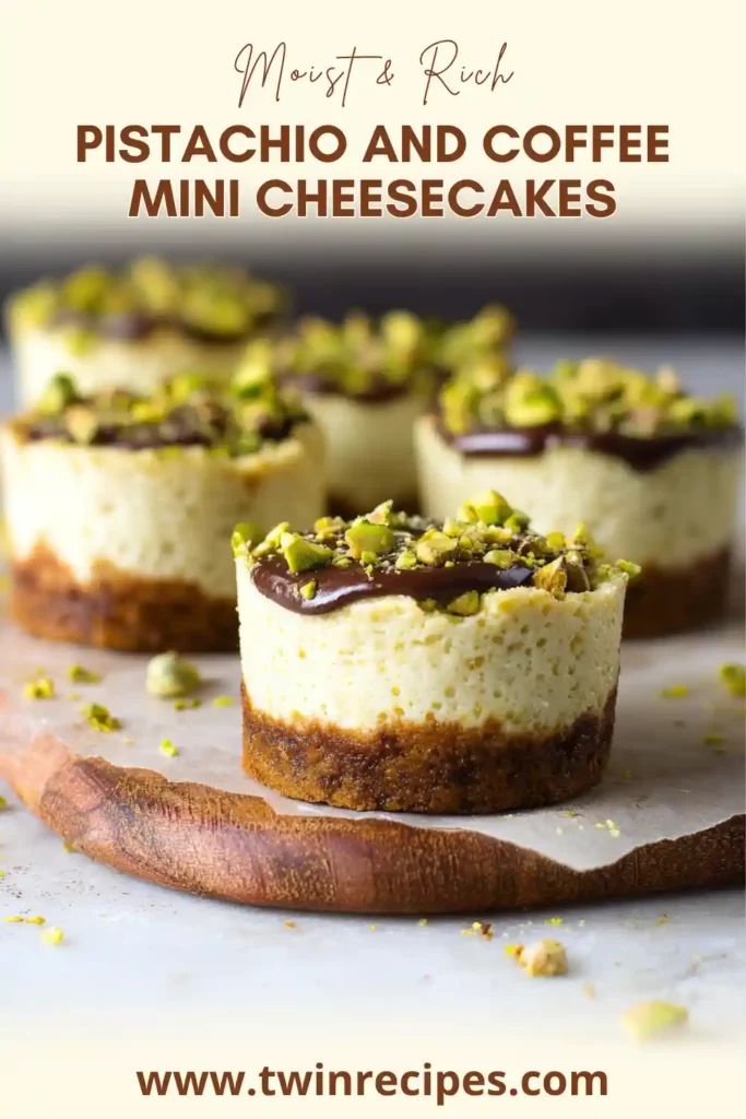 Tray of mini cheesecakes with pistachio crust and coffee infused filling before chilling.