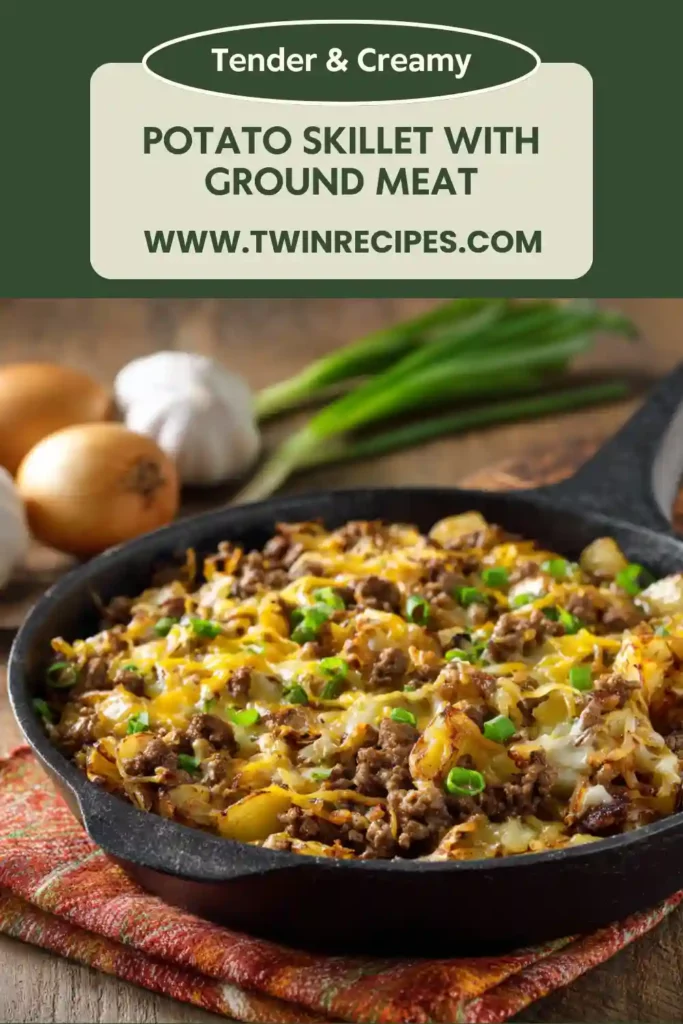 Ground meat and potato skillet cooked with onions and peppers.