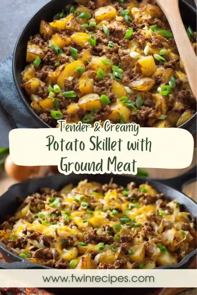 Close-up of crispy potatoes and browned ground meat in a skillet.