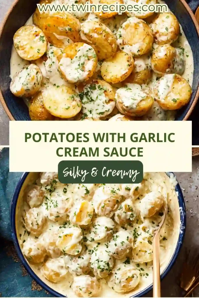 Potatoes coated in creamy garlic sauce with fresh herbs on top.