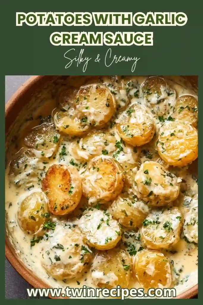 Warm tender potatoes in a garlic cream sauce served in a bowl.
