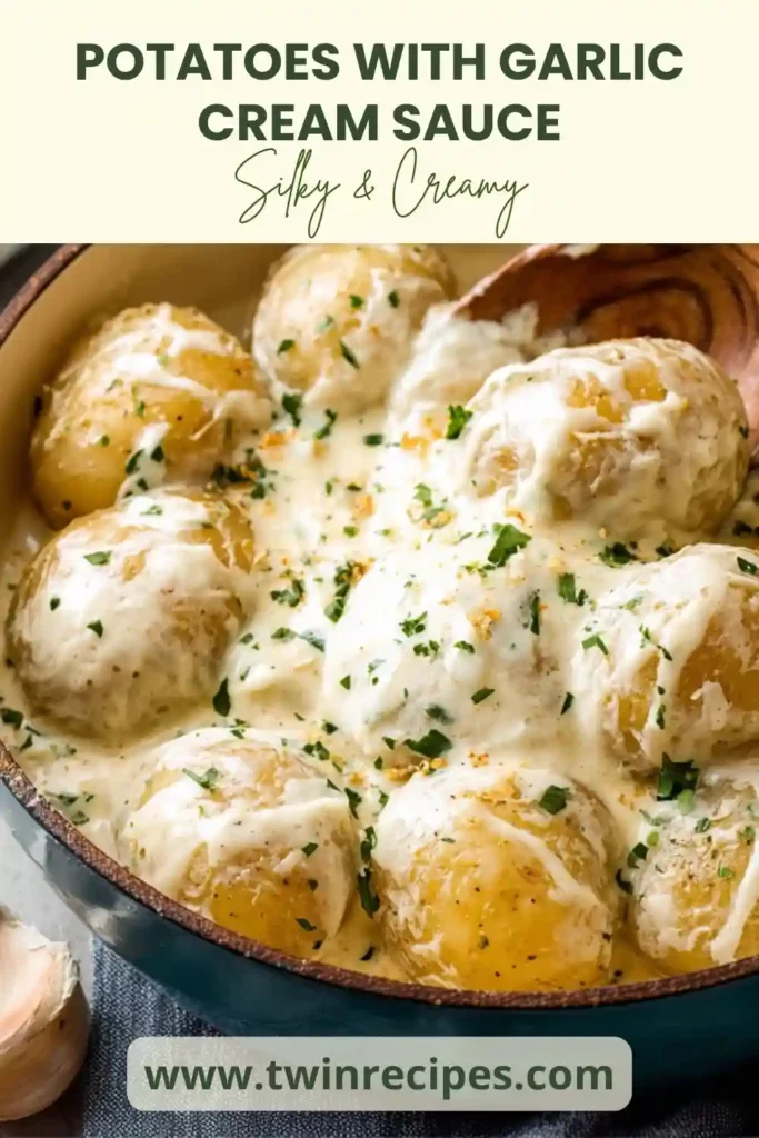 Close-up of potatoes covered in thick, silky garlic sauce.