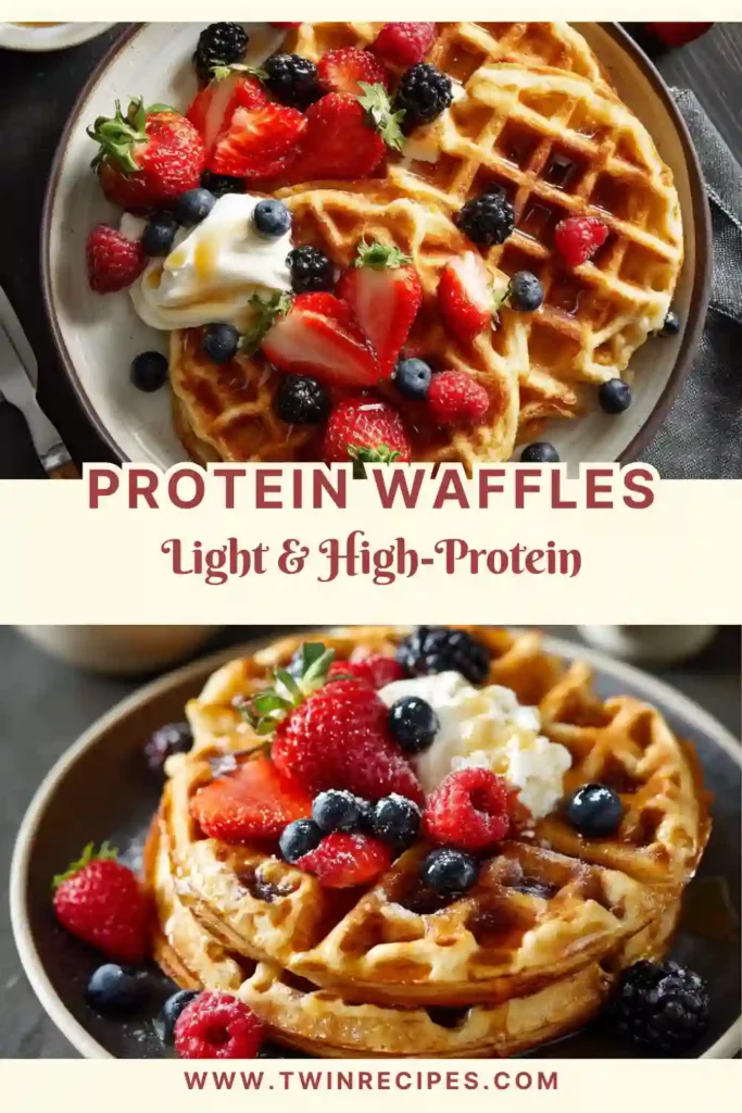Crispy protein waffle with banana slices and maple syrup on a plate.
