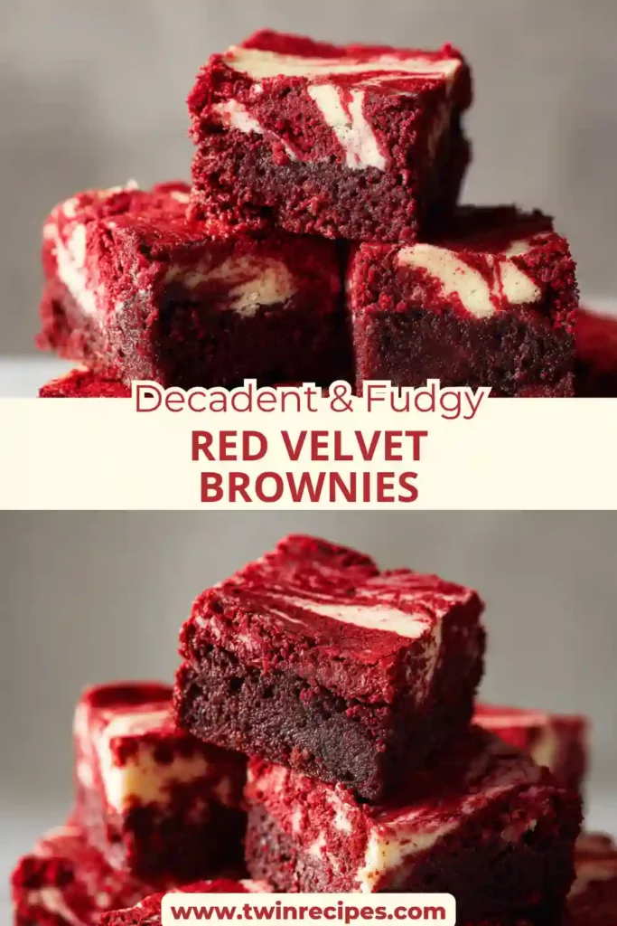 Fudgy red velvet brownies stacked on a plate
