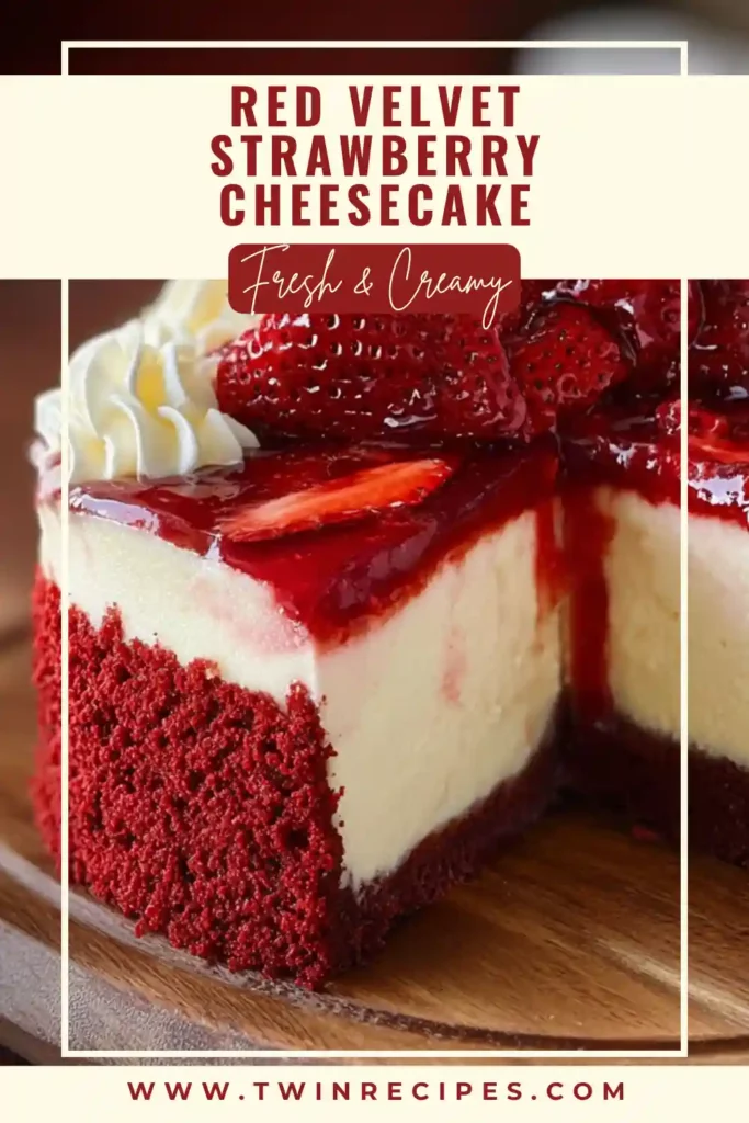 Whole red velvet cheesecake topped with sliced strawberries on a serving stand.