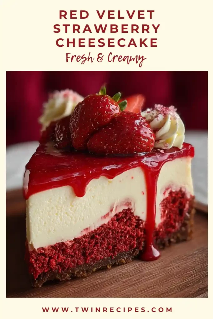 Close-up of cheesecake layer between red velvet cake with strawberry topping.