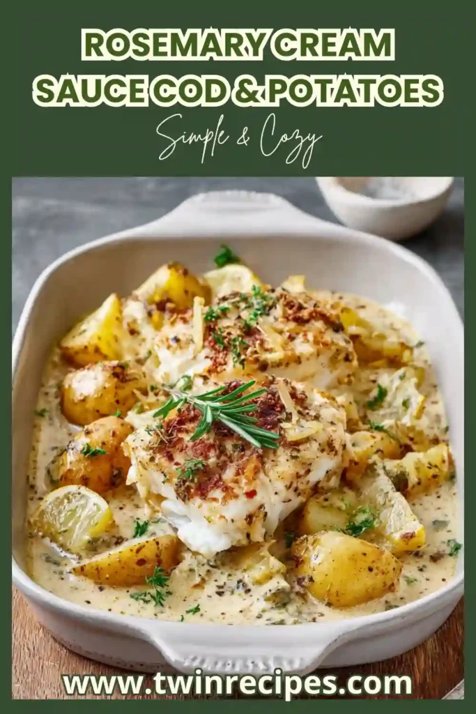 Creamy rosemary cod fillets with sliced potatoes simmering in a skillet.
