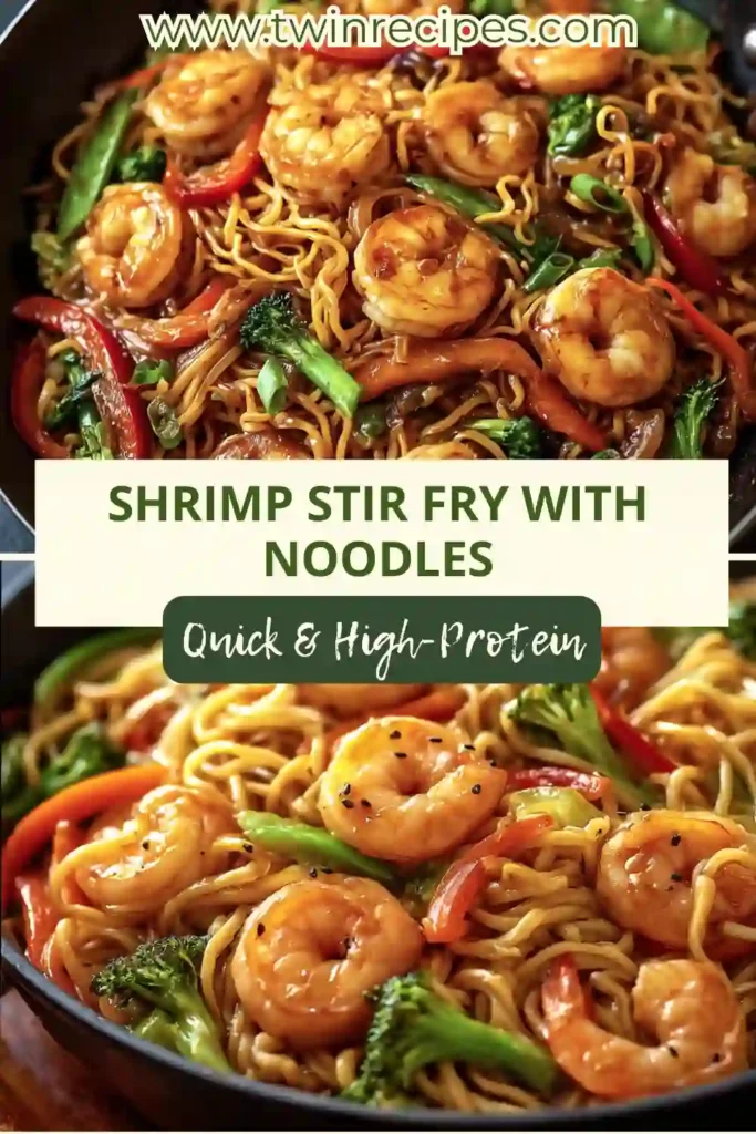 Close-up of shrimp stir fry showing peppers, broccoli and glossy noodles.